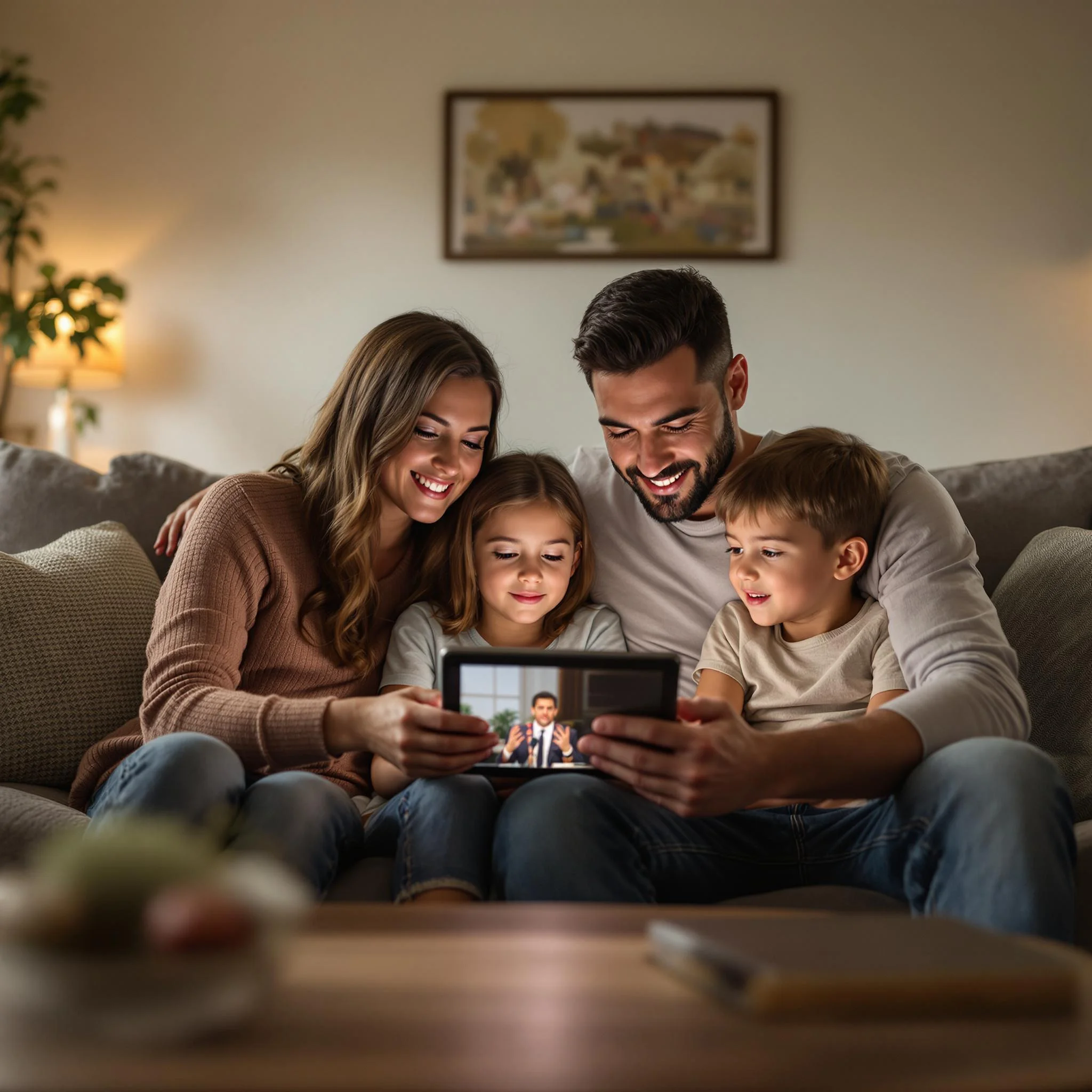 Family watching church service on a tablet at home