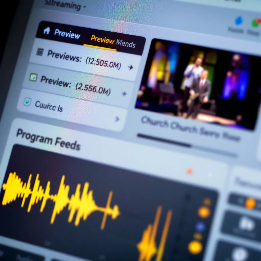 Live streaming software dashboard showing preview, program feed, and encoder settings
