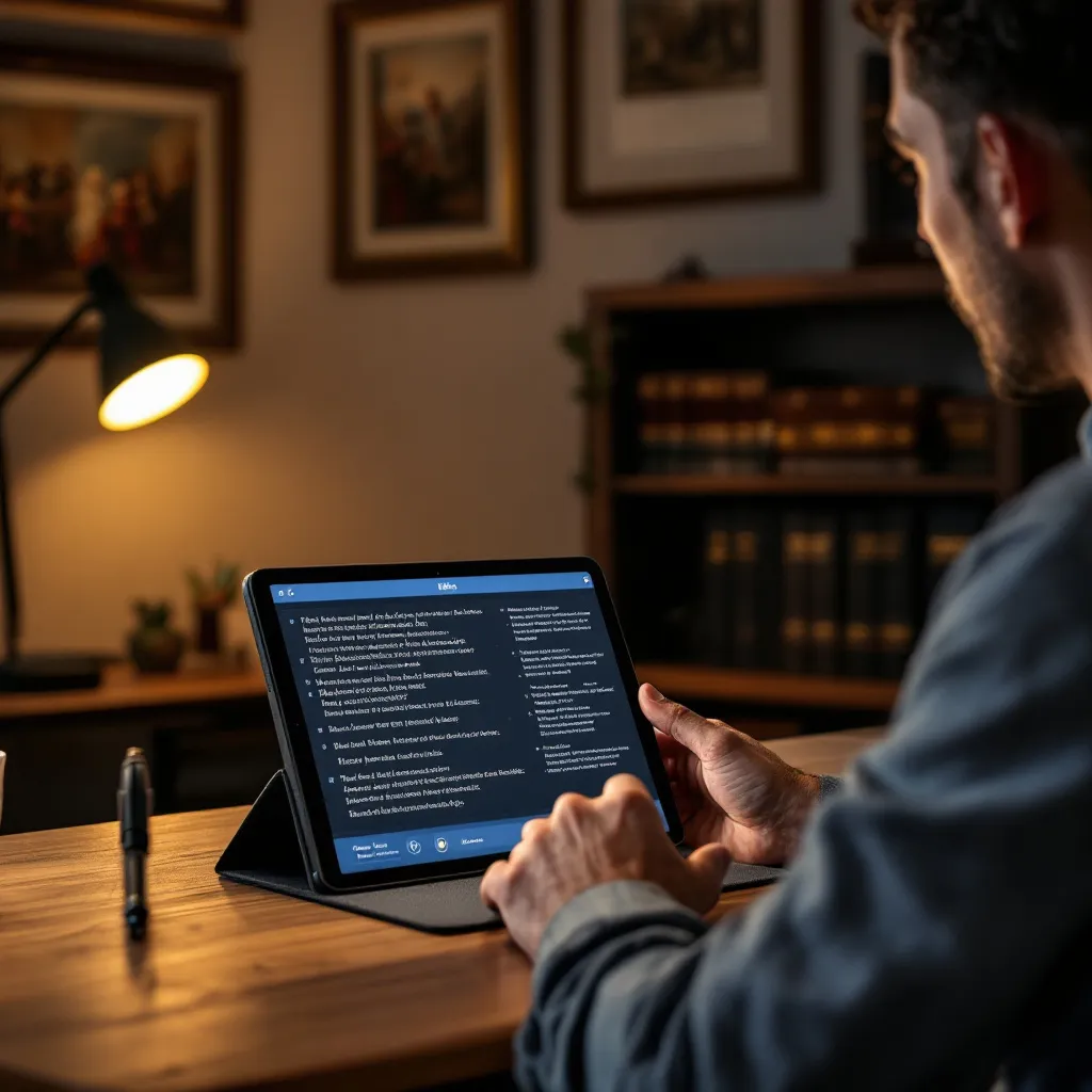 Person using a tablet with AI Bible study app showing connections between verses