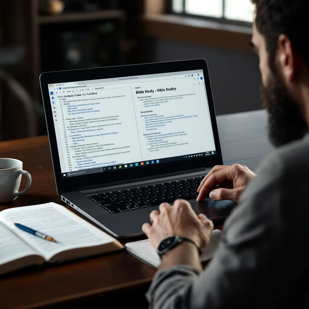 Person studying Bible with digital device showing scripture and notes