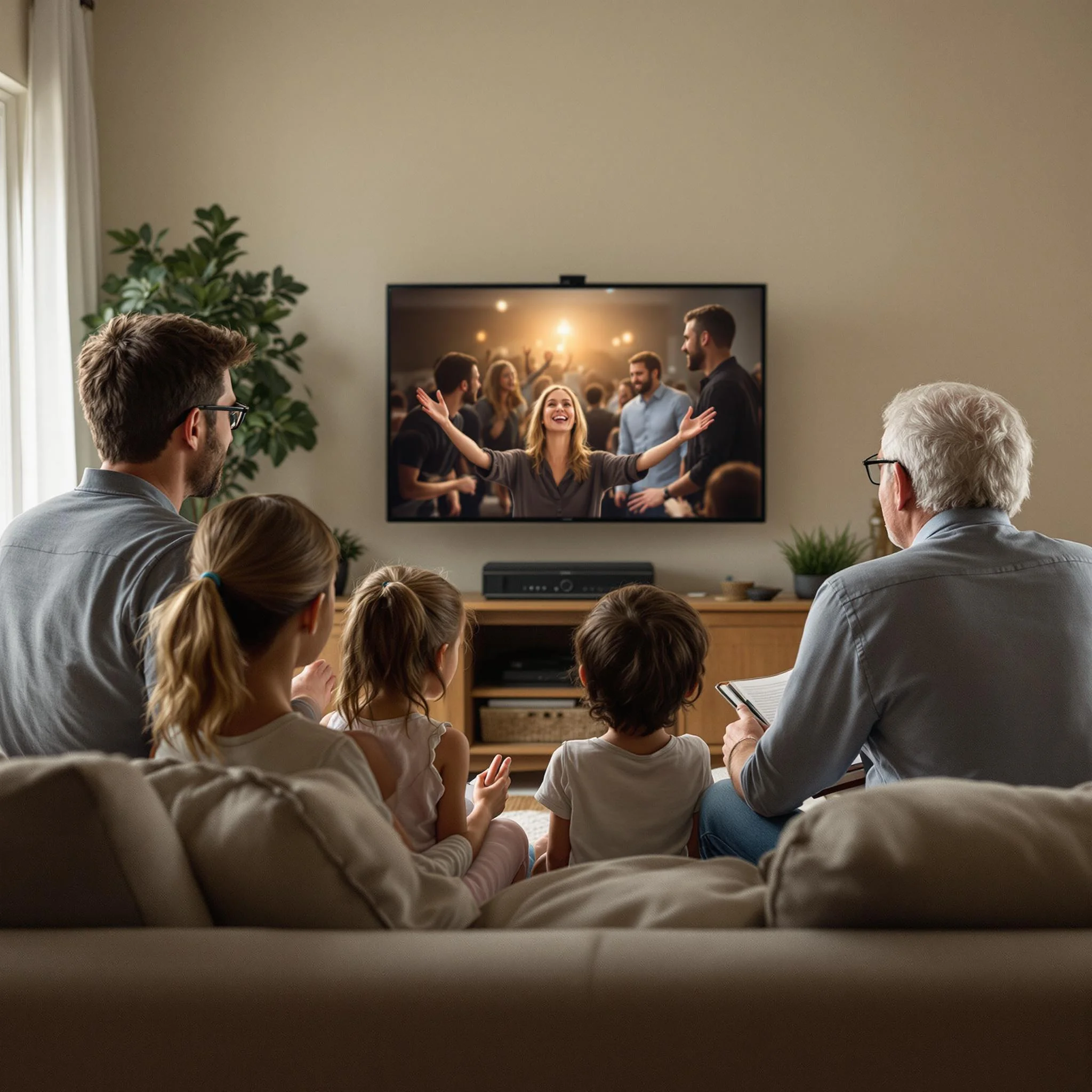 Family engaging with a church live stream on television