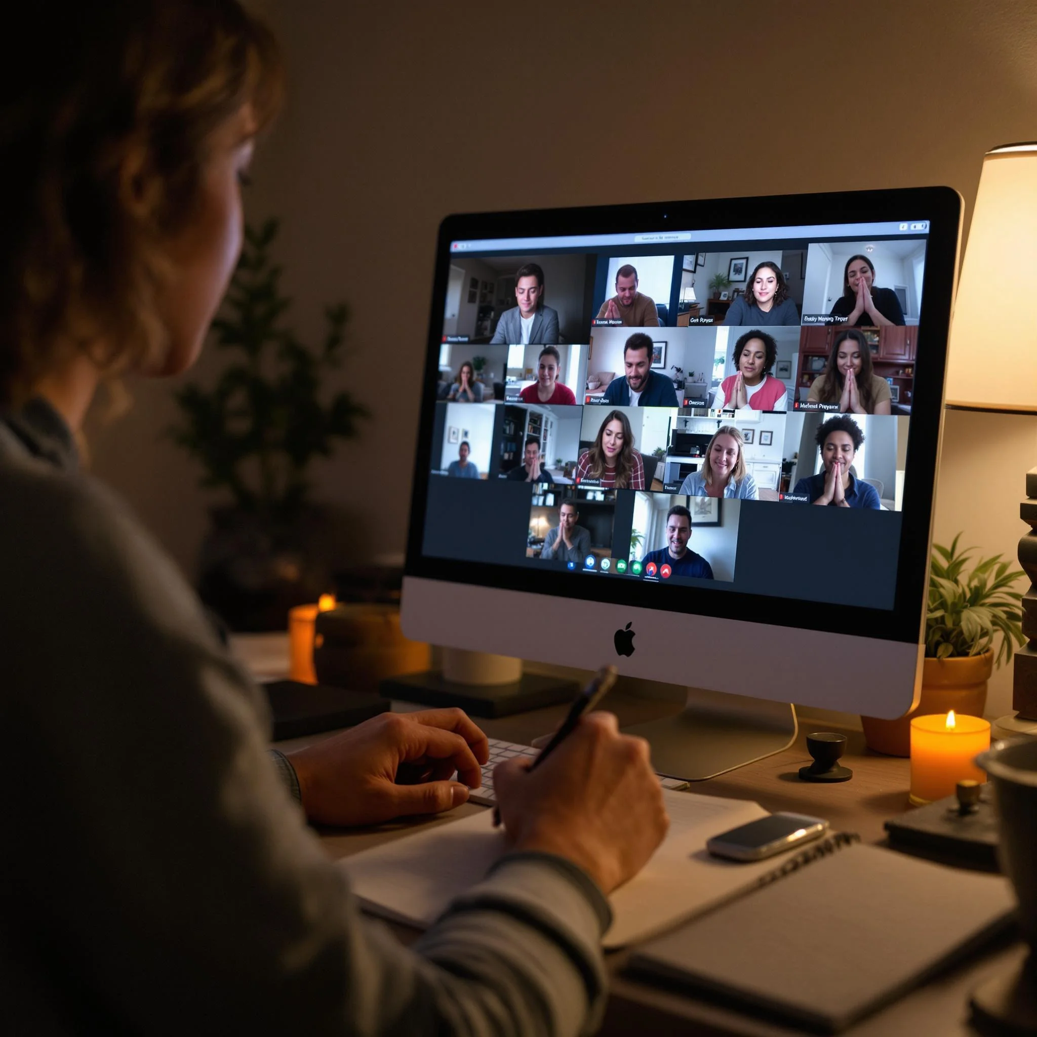 Person using a laptop for a virtual Bible study with multiple participants visible on screen