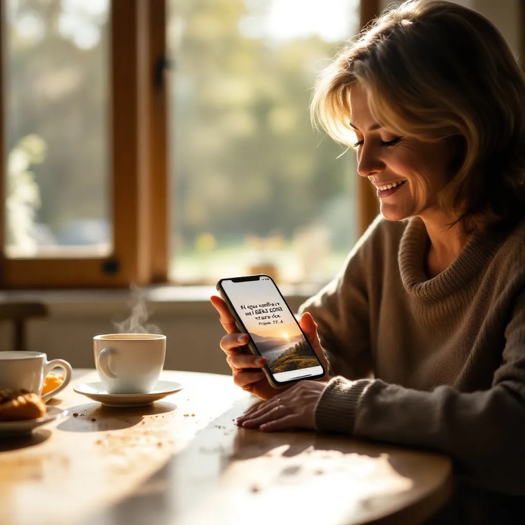 Person reading a personalized devotional on TrueFaith.ai app during morning coffee