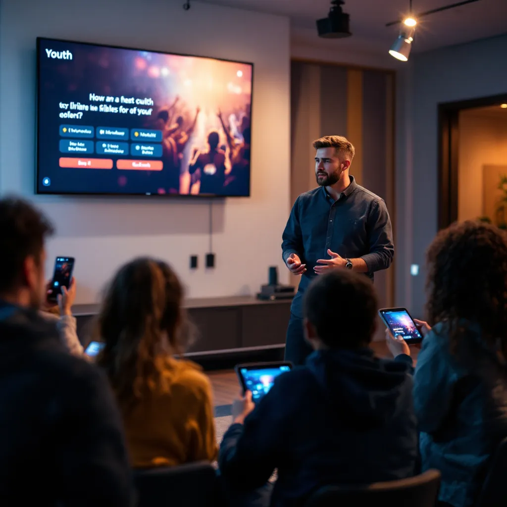 Youth pastor leading an interactive Bible study session where teenagers are using tablets and smartphones