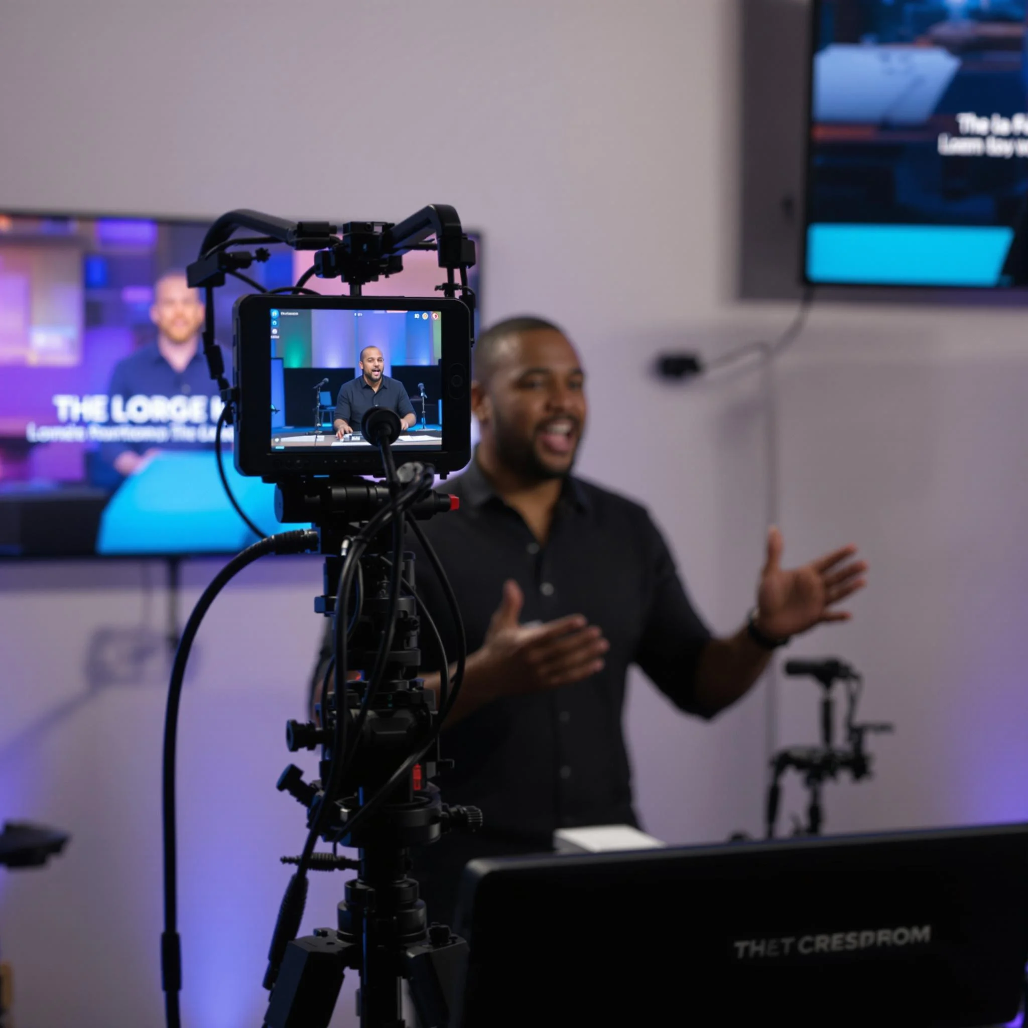 Pastor livestreaming a sermon with digital equipment